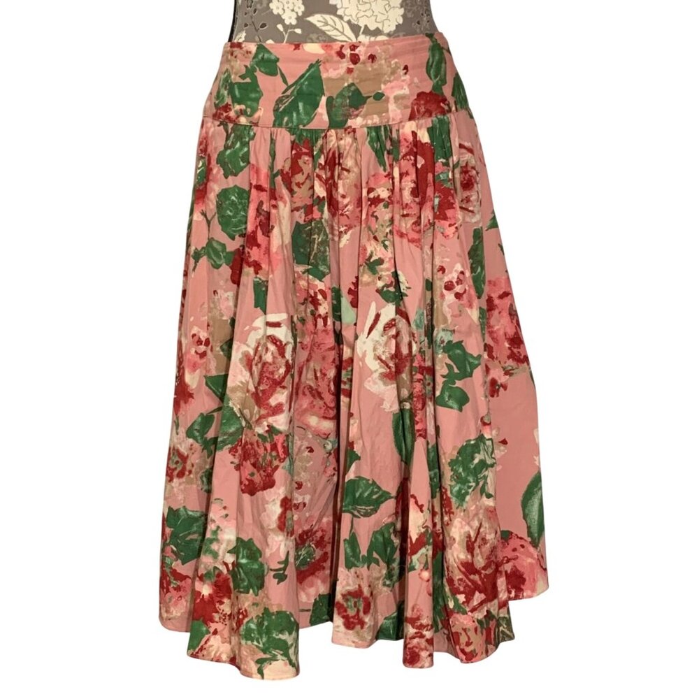 TALBOTS Smocked Waist Pink Floral Full Cotton Blend Pleated Lined Skirt Size 8